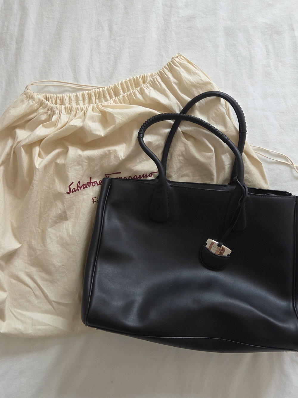Salvatore Ferragamo Black Leather Gancini Tote Bag + Dust Bag